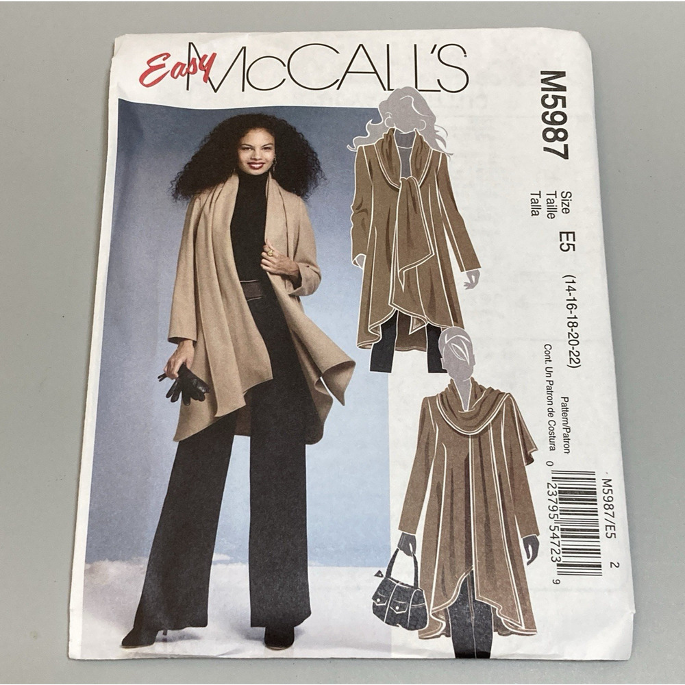 McCalls Sewing Pattern M5987 E5 Misses Unlined Coat Scarf Sz 14-22 UNCUT NOS